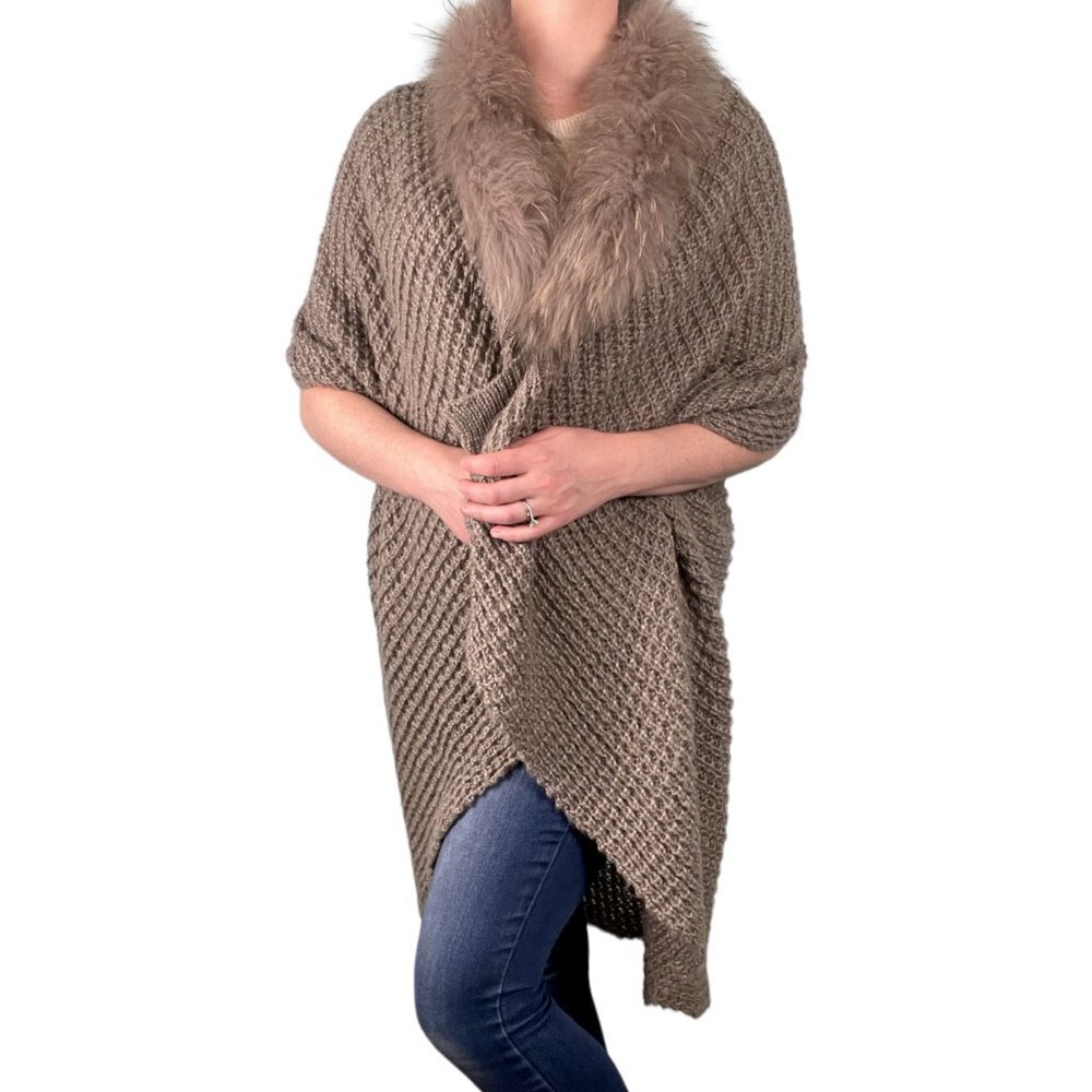 Linda Richards Luxury Cardigan Sweater Womens OS S M L XL Gray Mohair Fur Trim